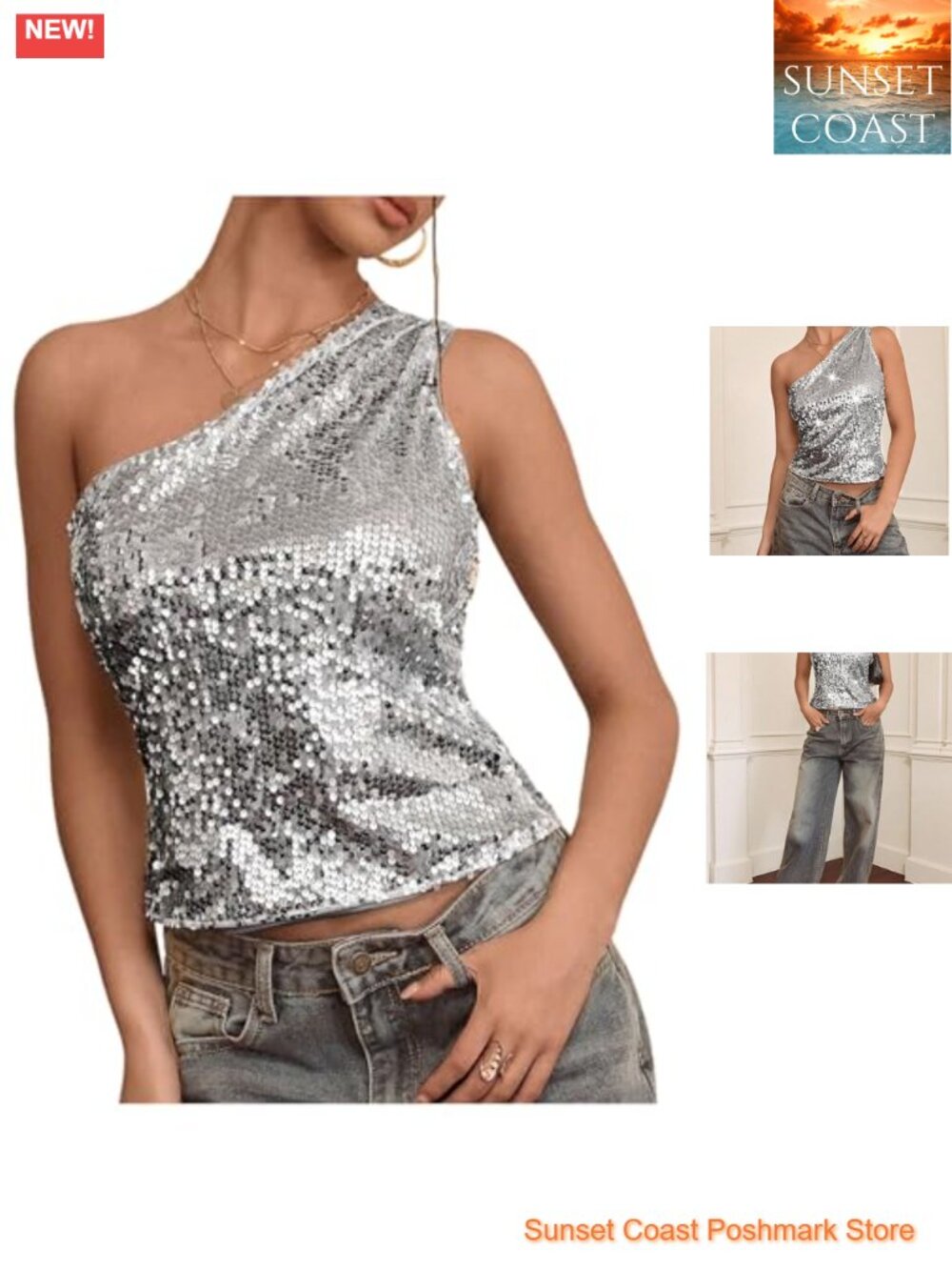 Women's Sparkly Sequin One Shoulder Crop Top Sleeveless Party